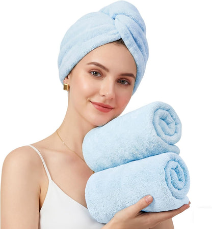 Mandydov 100% Cotton Hair Towel Wrap for Women, 2 Pack Thickened & Super Absorbent Turbans, Anti Frizz Quick Dry Hair Towels (Blue, Pink Blush)