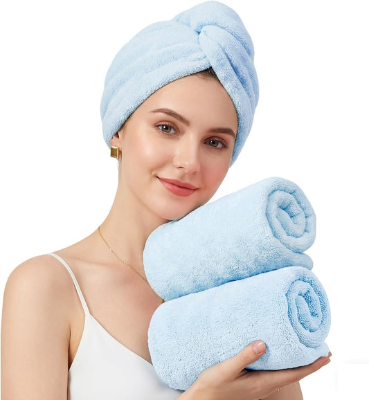 Mandydov 100% Cotton Hair Towel Wrap for Women, 2 Pack Thickened & Super Absorbent Turbans, Anti Frizz Quick Dry Hair Towels (Blue, Pink Blush)
