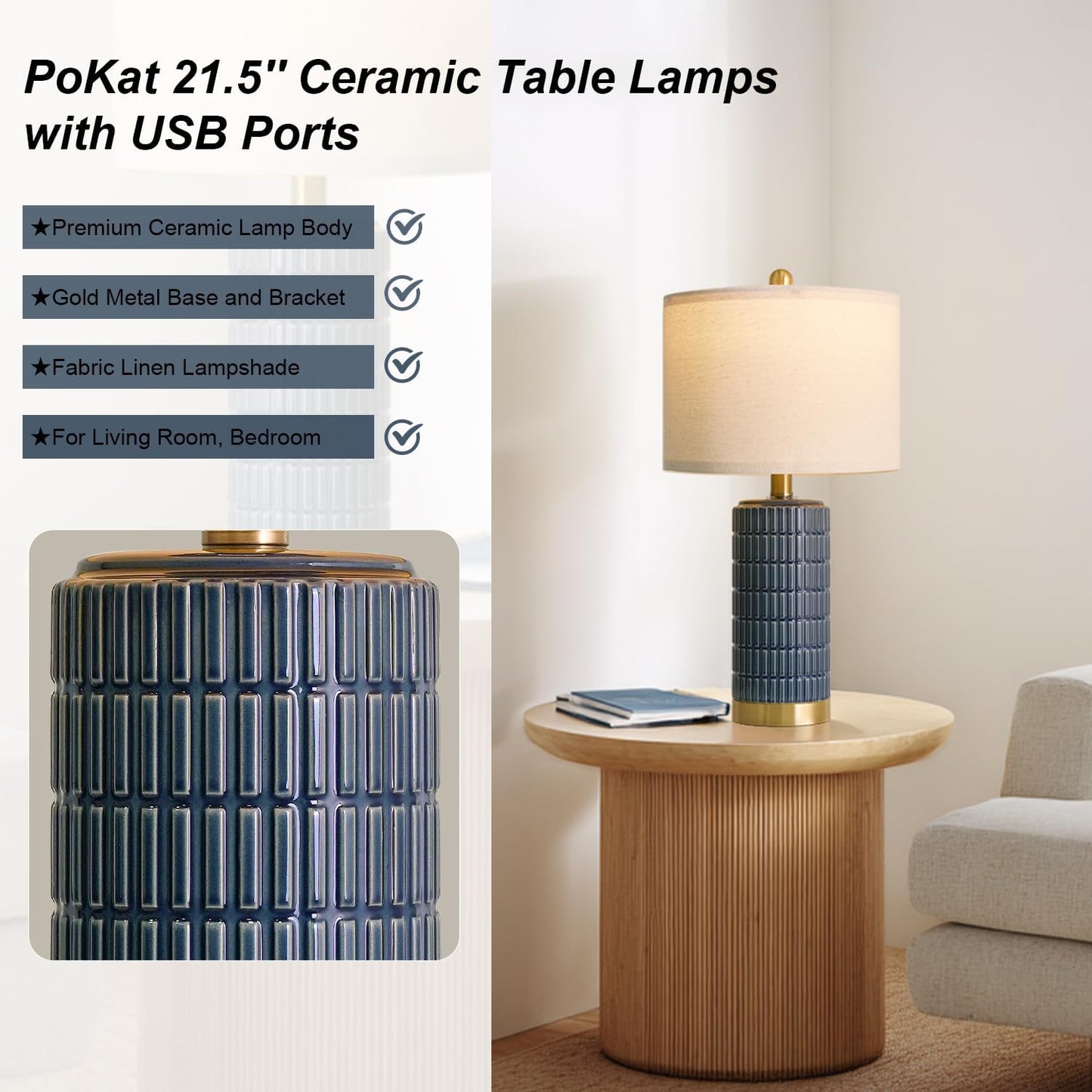 PoKat 20.75" Small Modern Ceramic Table Lamps Set of 2 for Bedroom, White Bedside Lamps for Night Stands, Farmhouse Desk Home Decor Gift Nightstand Table Lamps for Living Room End Table Beige