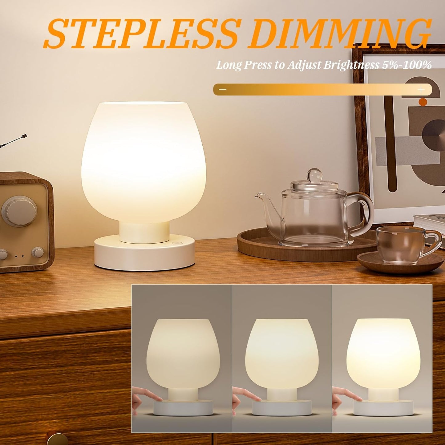 Seealle Touch Table Lamp for Nightstand - Small Bedside Lamp for Bedroom Living Room Night Stands, Desk Lamp with White Glass Shade for Small Spaces, 3 Way Dimmable, LED Bulbs, Gifts