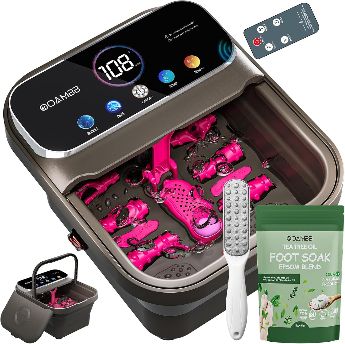 OOAMBB Collapsible Foot Spa with Heat, Bubble,Temp Control,Remote Control, Color Touch Screen Foot Bath Massager with 6 Massage Rollers,Foot Soaking Tub,Pedicure Foot spa for Stress Relief (Deep Grey)