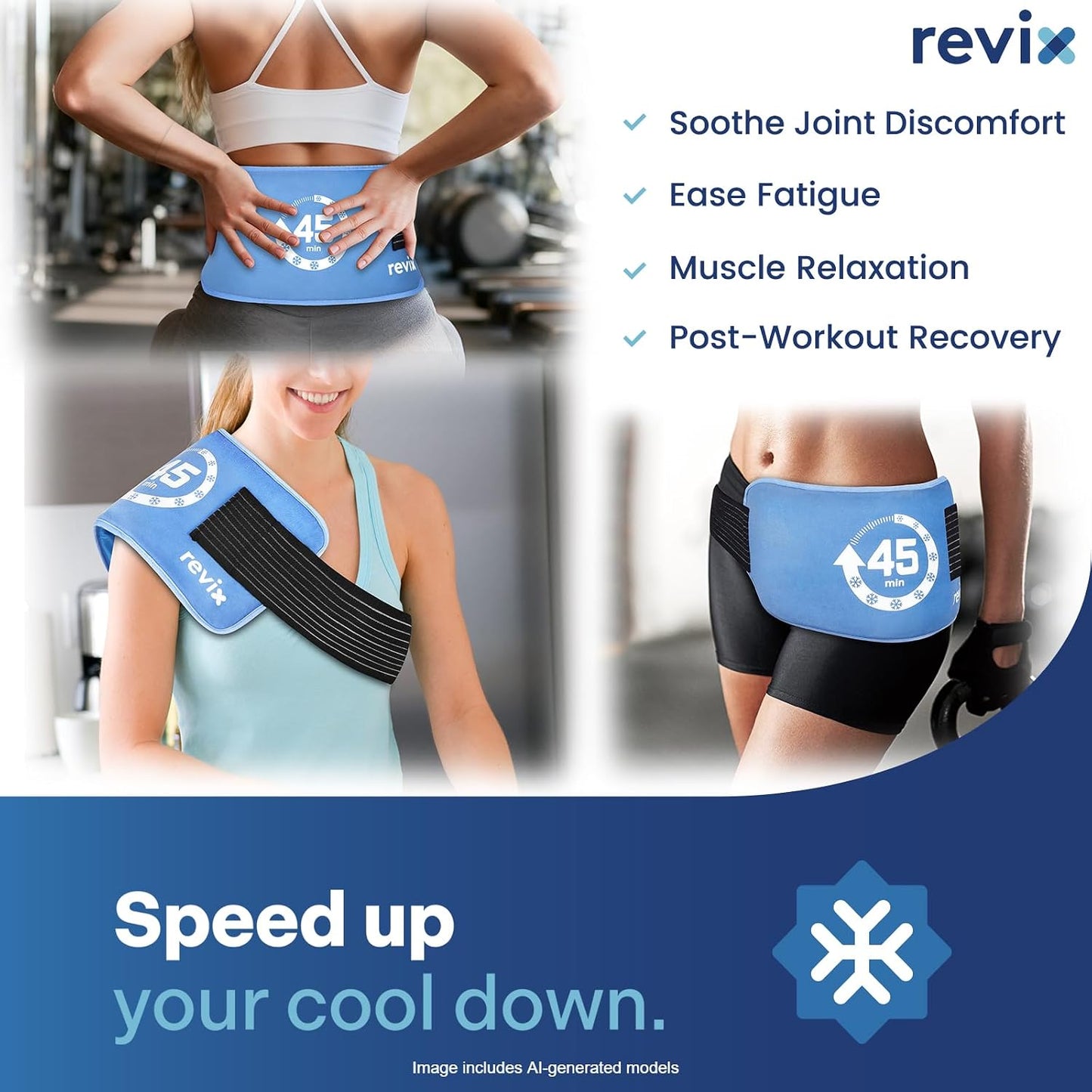 REVIX Ice Pack for Injuries Reusable, 14 × 7" Gel Cold Compress with Strap