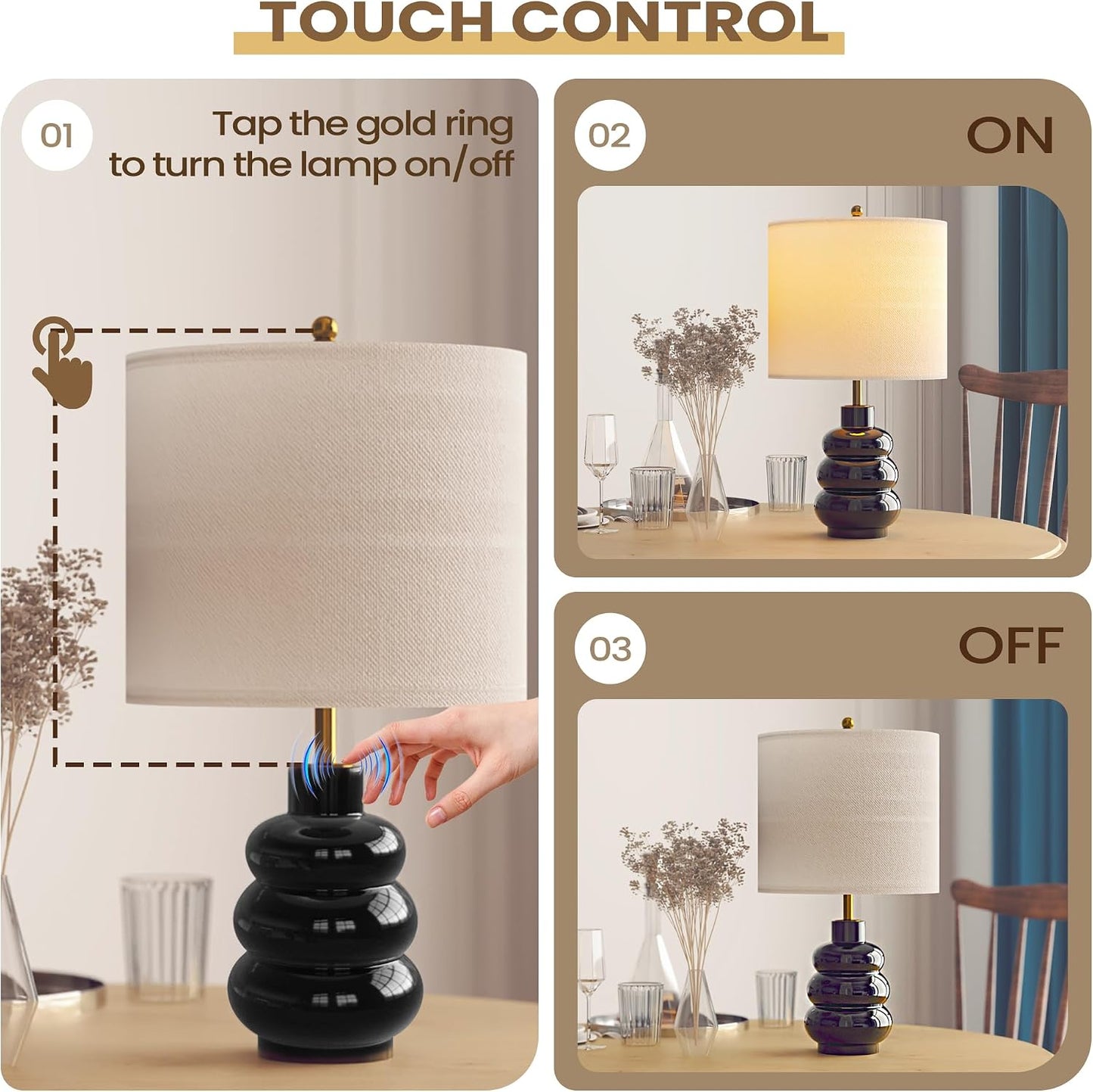 21" Modern Ceramic Table Lamp Set of 2 for Bedroom, Touch Control White Desk Lamps for Living Room, Farmhouse Bedside Lamps for Nightstand, End Table Lamps for Dorm Beige, Bulbs Not Included