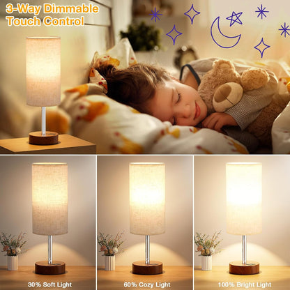 Dicoool Touch Bedside Table Lamp with USB - 3 Way Dimmable Wood Lamp for Bedroom Nightstand, Desk Lamp with Charging Station for Dorm, Living Room, Office, Kids Room, Small, 14in