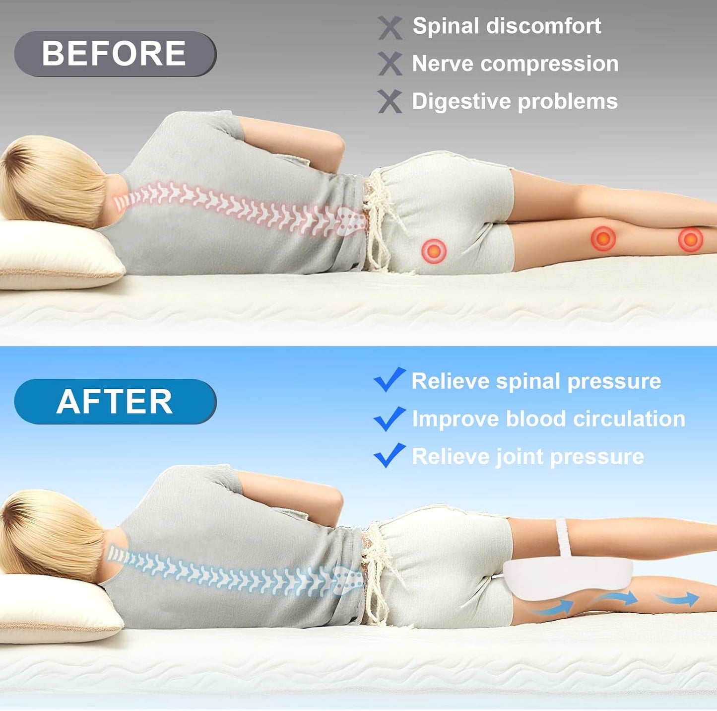 Knee Pillow for Side Sleepers Memory Foam Sciatica Pain Relief Leg Pillow, Removable Breathable Cover & Elastic Strap Grey