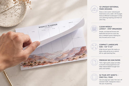 Weekly Planner Tear-Off Pad 8.5" x 5.5" – Landscape Weekly Desk Planner – 52 National Parks Designs – 52 Sheets – 100 GSM Paper – Undated Minimalist Organizer
