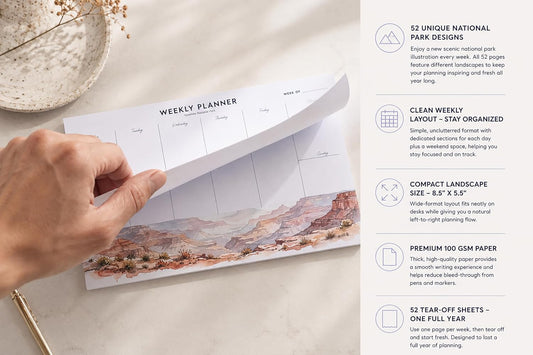 Weekly Planner Tear-Off Pad 8.5" x 5.5" – Landscape Weekly Desk Planner – 52 National Parks Designs – 52 Sheets – 100 GSM Paper – Undated Minimalist Organizer