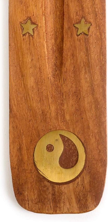 Wooden Incense Holder for Sticks with Inlays of Brass Crescent Moon 10 inches Long