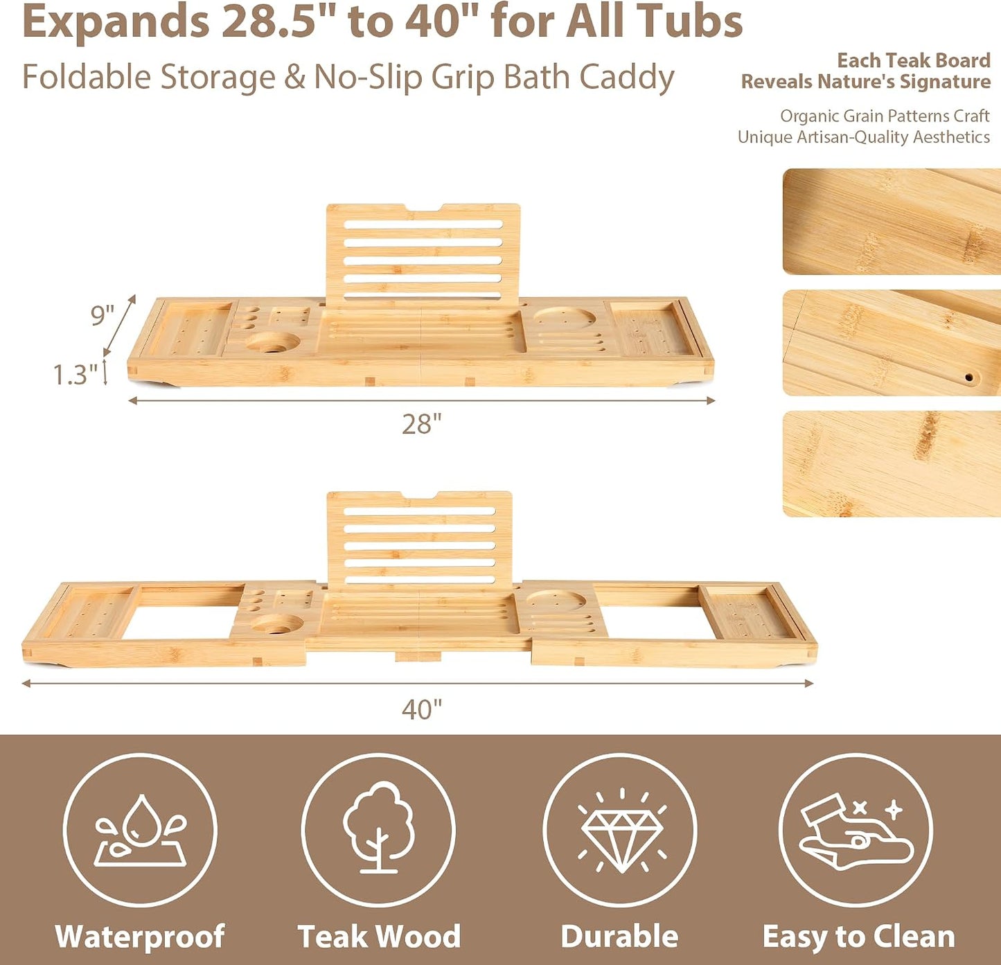 Bamboo Bathtub Tray Caddy - Splash-Proof Adjustable (28.5-40") with Wine Holder, Tablet Stand & Non-Slip Grip | Spa-Grade Organizer for Bath Essentials & Reading- Walnut