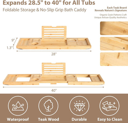 Bamboo Bathtub Tray Caddy - Splash-Proof Adjustable (28.5-40") with Wine Holder, Tablet Stand & Non-Slip Grip | Spa-Grade Organizer for Bath Essentials & Reading- Walnut