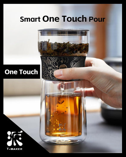 ZENS Modern Glass Infuser Teapot, One Touch Tea Maker for Loose Leaf Tea with Insulated Mug and Portable Case. Enchanted Pot Alternatives for Tea Lover Gifts
