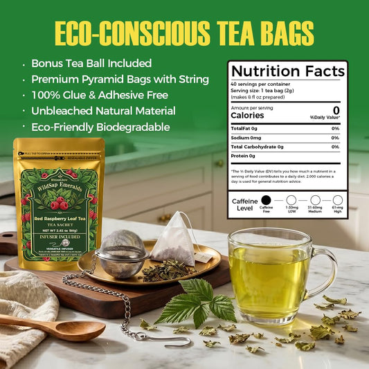 WildSap Emeralds Red Raspberry Leaf Tea, 40 Corn Fiber Bags & Infuser
