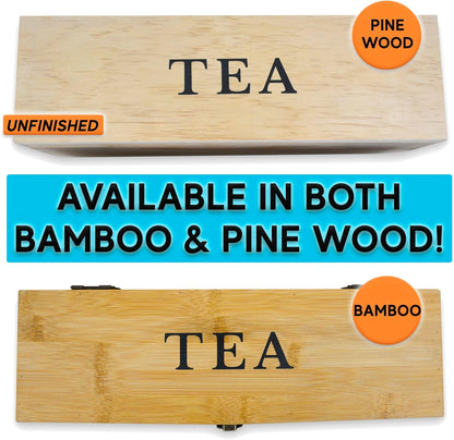 Tea Organizer Box Food Safe Chemical Free Bamboo Wood Storage Chest Big, Tall, Adjustable Cubbies (8-Slot 14.3" x 8.1" x 4.2" with TEA print design)