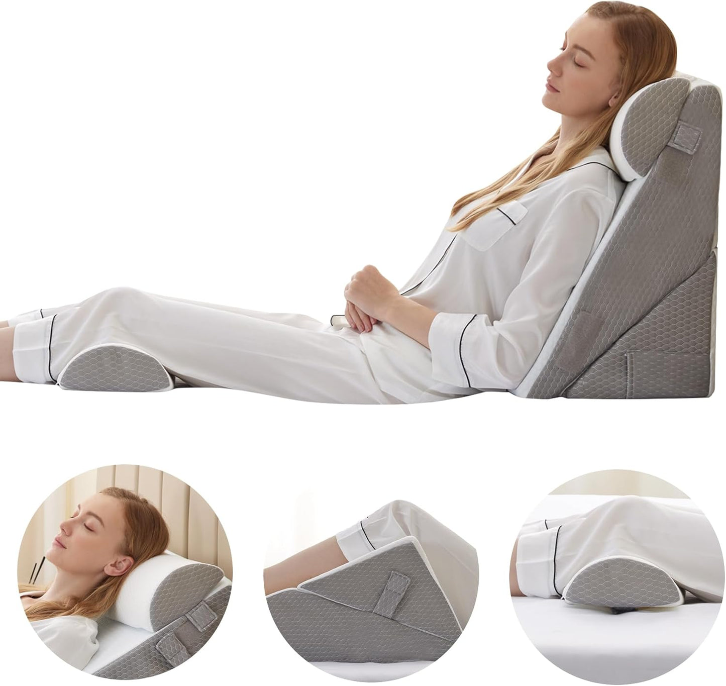 Bedluxe Wedge Pillow Headboard, 3PCS Orthopedic Bed Wedge Pillows Set for After Surgery, Adjustable Pillow Wedge for Acid Reflux&Back Pain Relief, Sleeping, Back Pillow for Bed Sitting Up, White/Grey