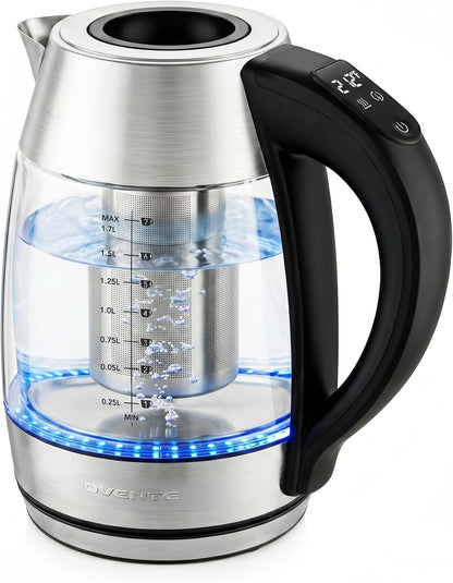 OVENTE 1.8L Glass Electric Kettle with Tea Infuser, Silver KGD752S