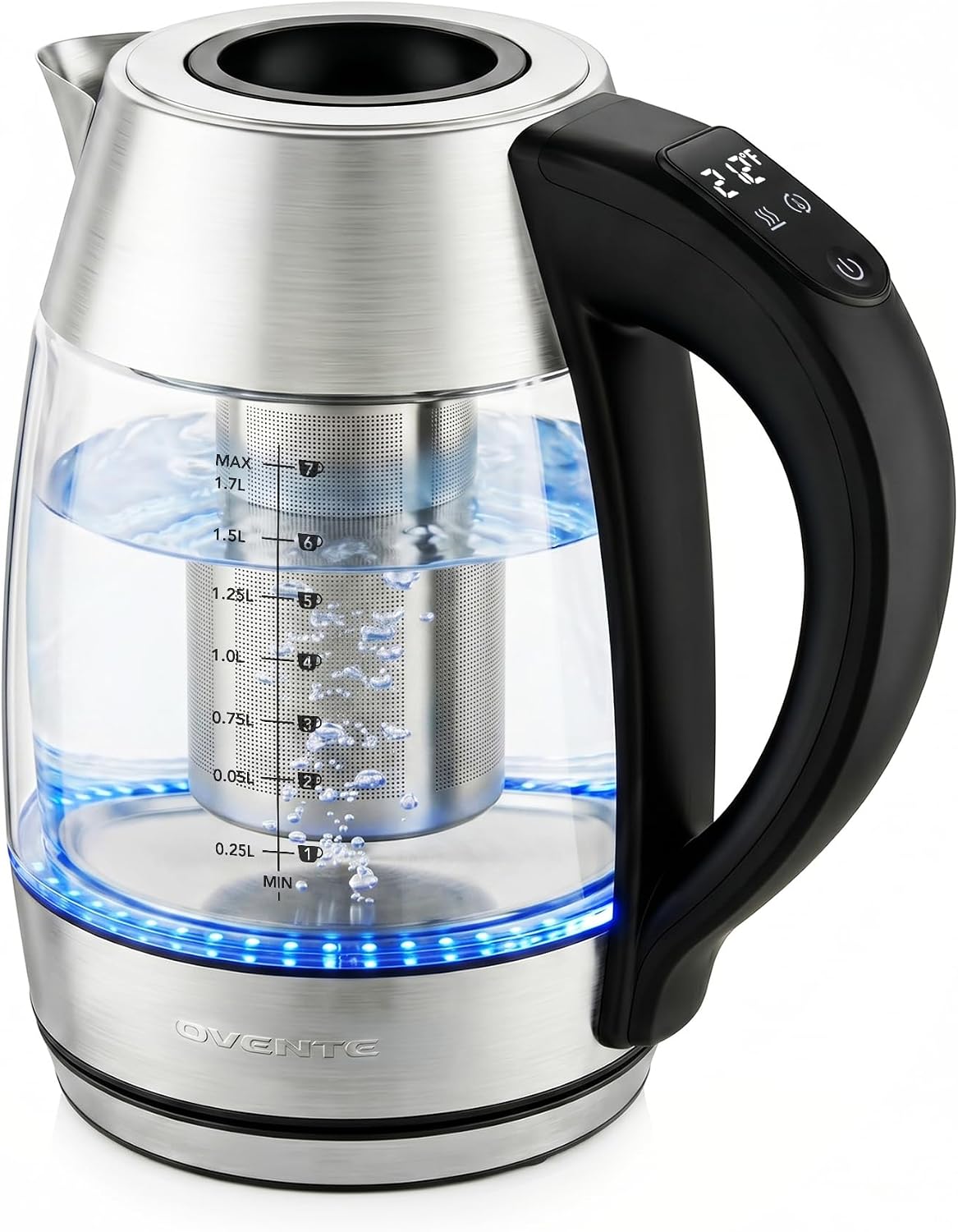 OVENTE 1.7L Glass Electric Kettle with Tea Infuser, Silver KGD913S