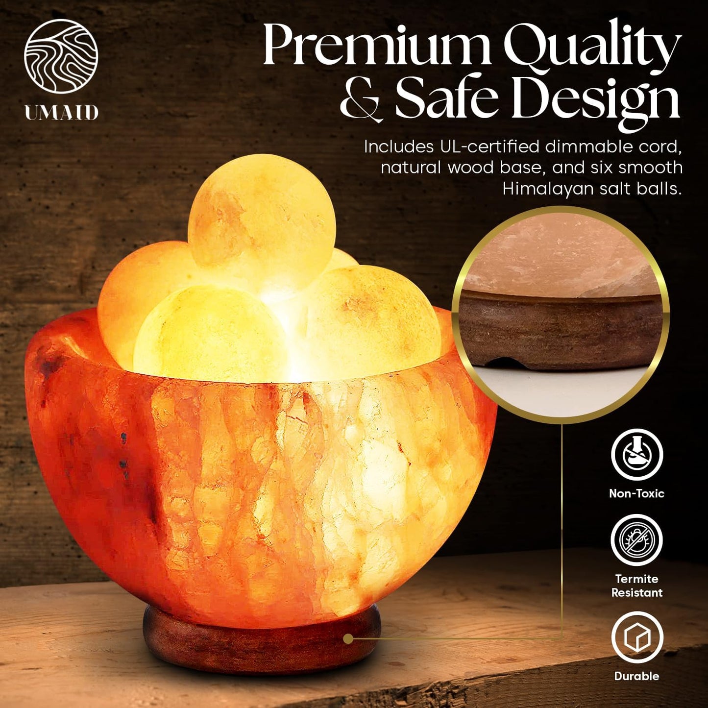 UMAID Himalayan Salt Lamp 8–10"(7–11 lb) Dimmable Pink Rock Salt Lamp with Wooden Base & Night Light Bulb, Spa Decor for Meditation Room, Massage Stones Ambiance, Desk & Bedroom,Gifts for Men & Women