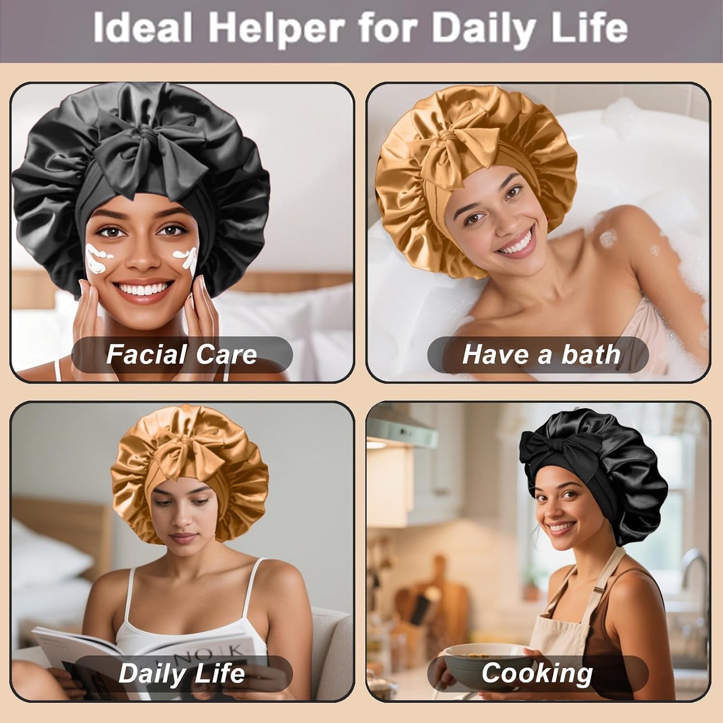 2Pcs Silk Hair Satin Bonnet for Sleeping Women,Large Satin Sleep Bonnets for Women with Elastic Tie Band Silk Hair Wrap with Ajustable Straps,Night Sleep Cap for Curly Braids,Black+Rose Gold