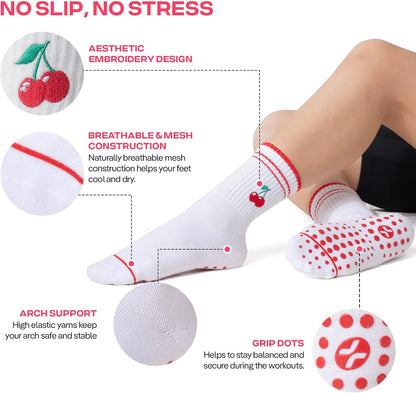 COOLMATE Pilates Socks with Grips for Women, Yoga Socks, Crew Non Slip Women for Barre, Pilates Gifts for Women - Colors B