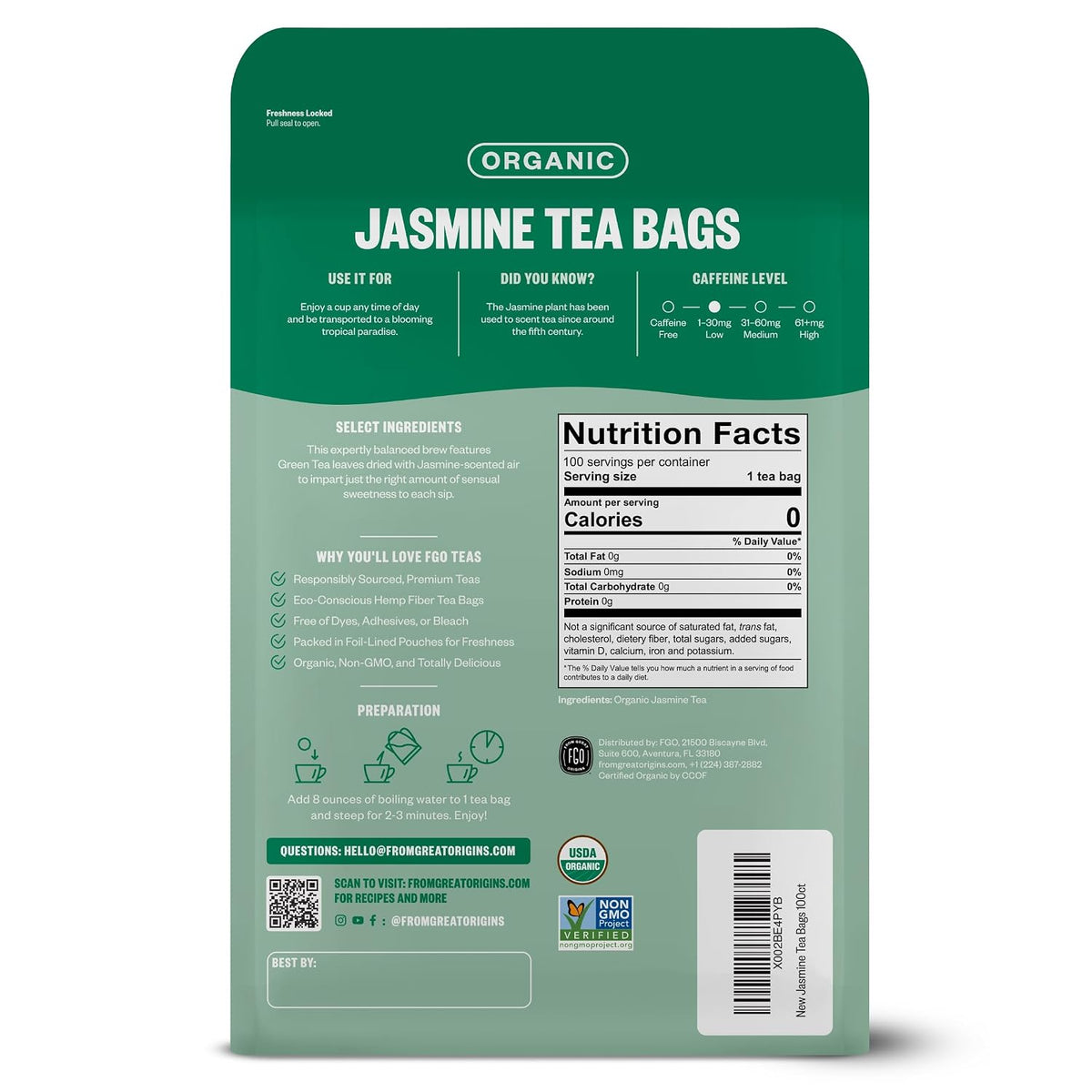 FGO Organic Jasmine Green Tea, 100 Count, Eco-Conscious Tea Bags, Resealable Bag, Packaging May Vary (Pack of 1)