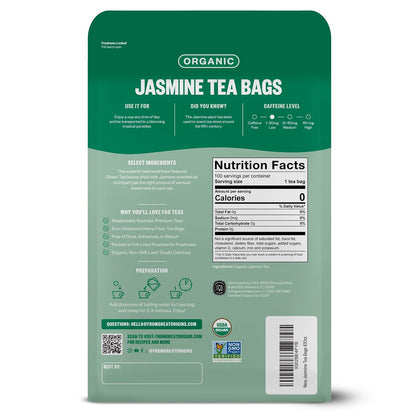 FGO Organic Jasmine Green Tea, 100 Count, Eco-Conscious Tea Bags, Resealable Bag, Packaging May Vary (Pack of 1)
