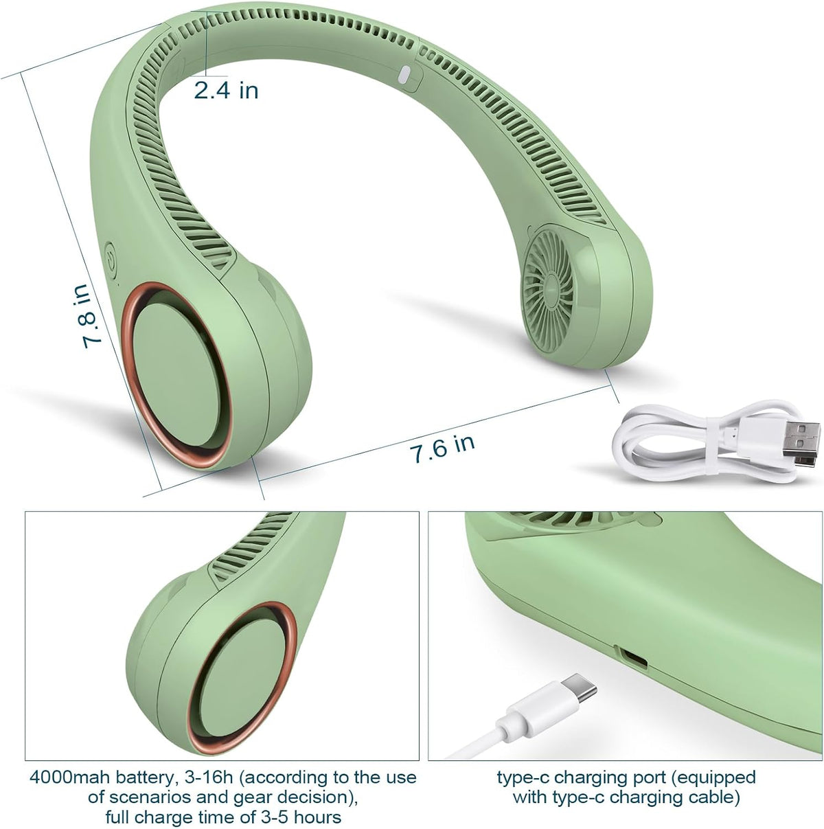 CIVPOWER Neck Fan: Portable Personal Neck Cooling Rechargeable Bladeless Fan - Hands Free 3 Speed 4000 mAh Battery USB Operated Wearable Headphone Design - Gift for Men Women Outdoor (White)