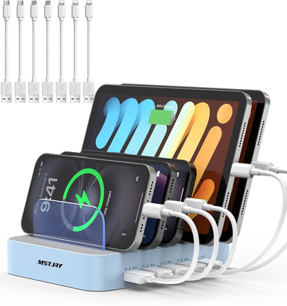 MSTJRY Charging Station for Multiple Devices : 5 Port Multi USB-A Charger Stations Multi-Device Organizer Charging Dock Designed for iPhone iPad Cell Phone Tablets (7 Short Cables Included)