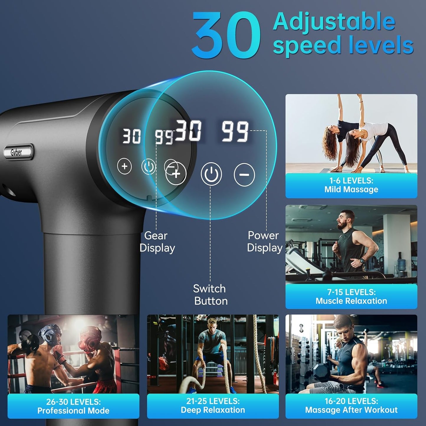 Gvber Massage Gun, Massage Gun Deep Tissue, Handheld Back Massager for Athletes, Percussion Muscle Massager with 6 Attachments & 30 Speed (Black)