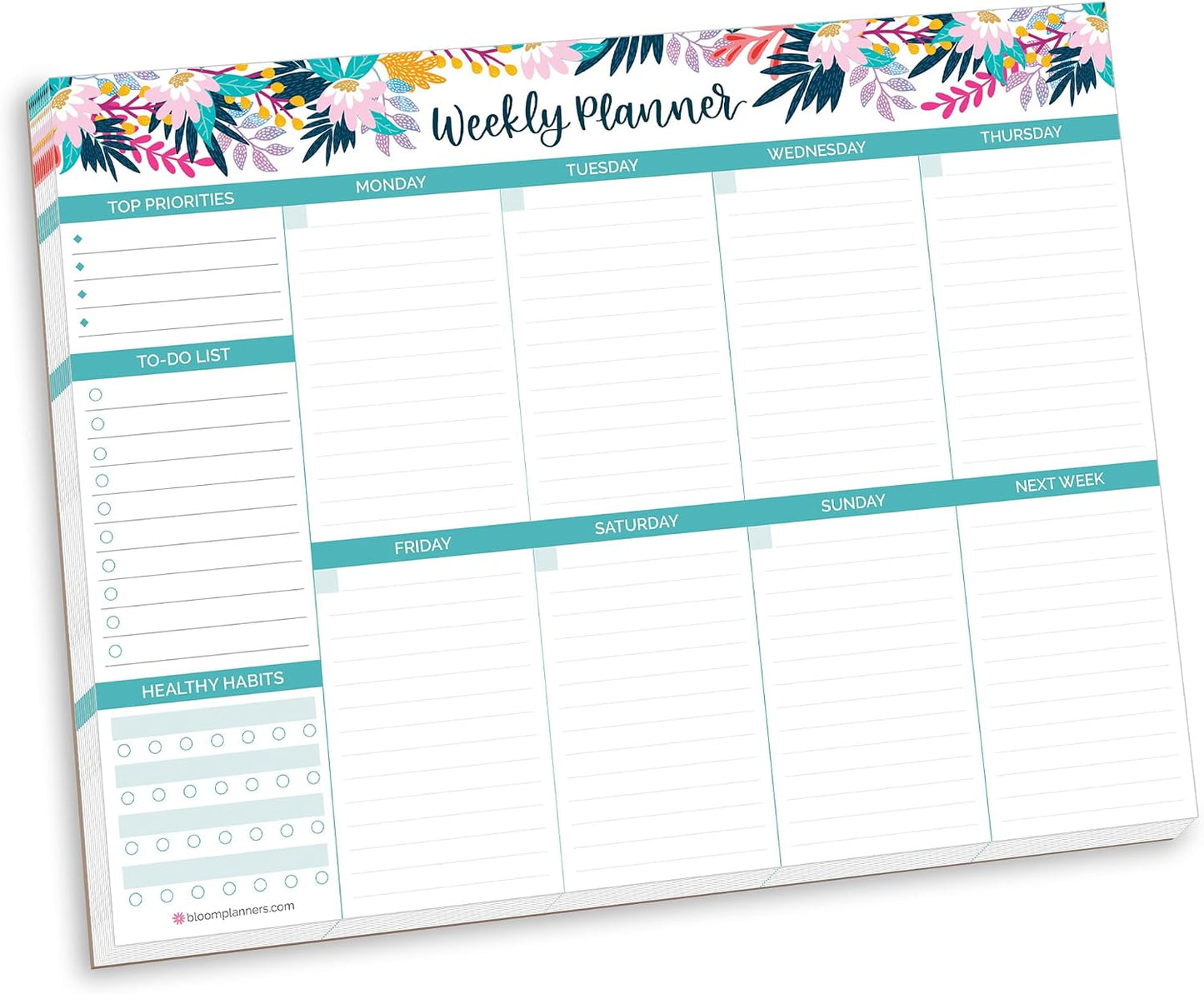 bloom daily planners Horizontal Weekly To Do List Notepad with 60 Undated Sheets - Weekly Desk Planner or Chore Pad with Priorities & Habit Tracker - 8.5” x 11” - Pastel