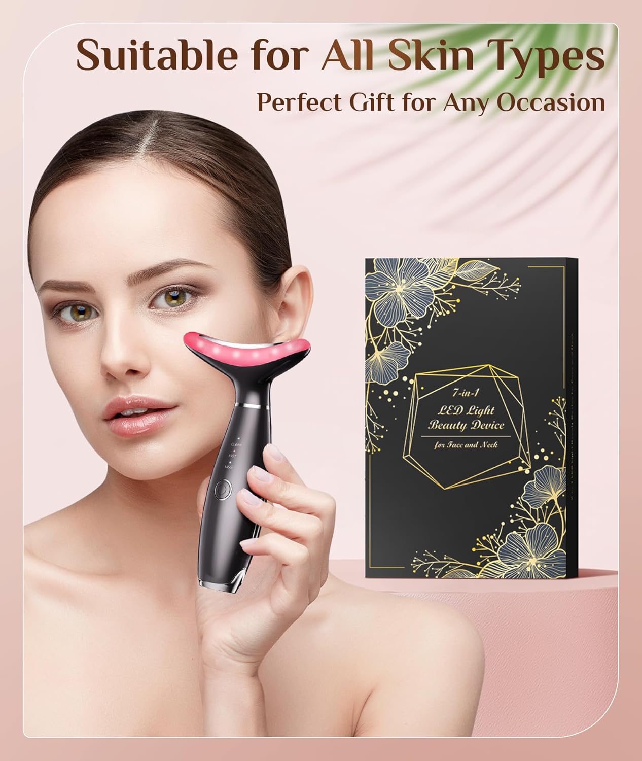 Dopsikn 7 Color Galvanic Machines - Red Light Therapy for Face and Neck, Face Massager Tool for Wrinkles, Double Chin, Vibrating Facial Massager with Thermals, Pink