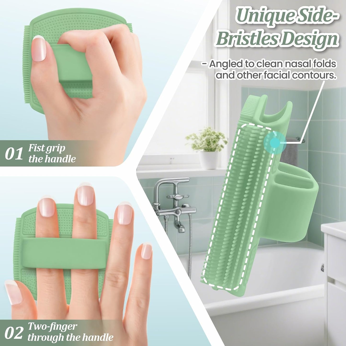 Silicone Back Scrubber & Bath Glove Set 2PCS, 13.4'' Gentle Shower Back Scrubber with Dual-Side Head Non-Slip Handle, 360° Anti-Slip Hand-fit Bath Glove for Rich Foaming Deep Cleaning(Black)