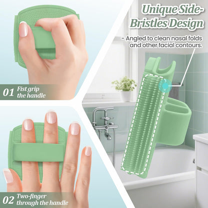 Silicone Back Scrubber & Bath Glove Set 2PCS, 13.4'' Gentle Shower Back Scrubber with Dual-Side Head Non-Slip Handle, 360° Anti-Slip Hand-fit Bath Glove for Rich Foaming Deep Cleaning(Black)