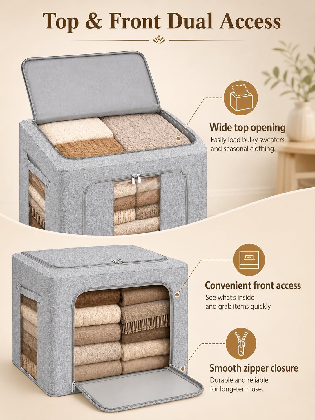 punemi 60L Sturdy Comforter Storage Bag, Blanket Organizer, Grey
