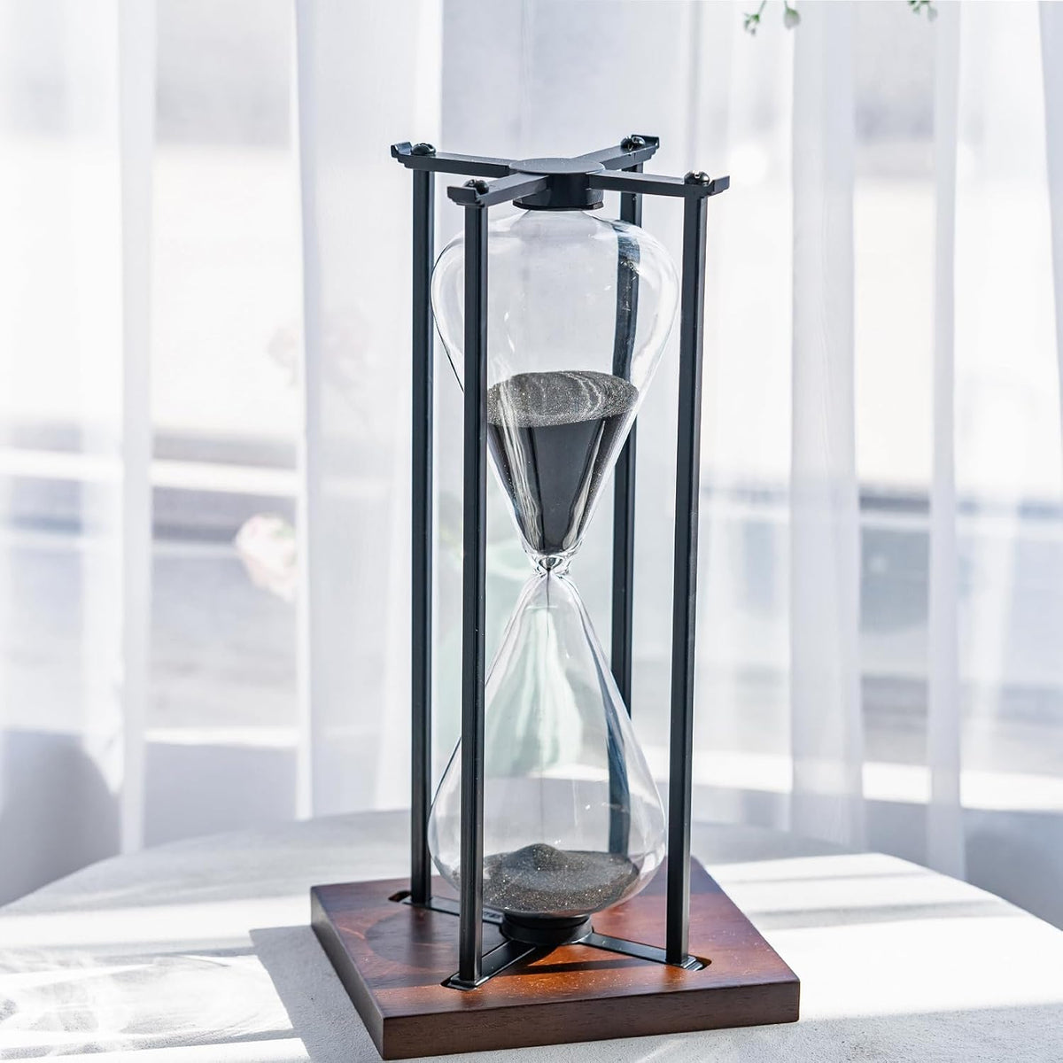 Large Black Iron Craft Hourglass Timer 60 Minutes,Modern Hour Glass Timers Gift for Men & Women, Sand Timer for Kitchen Home Office Desk Deco (Black)