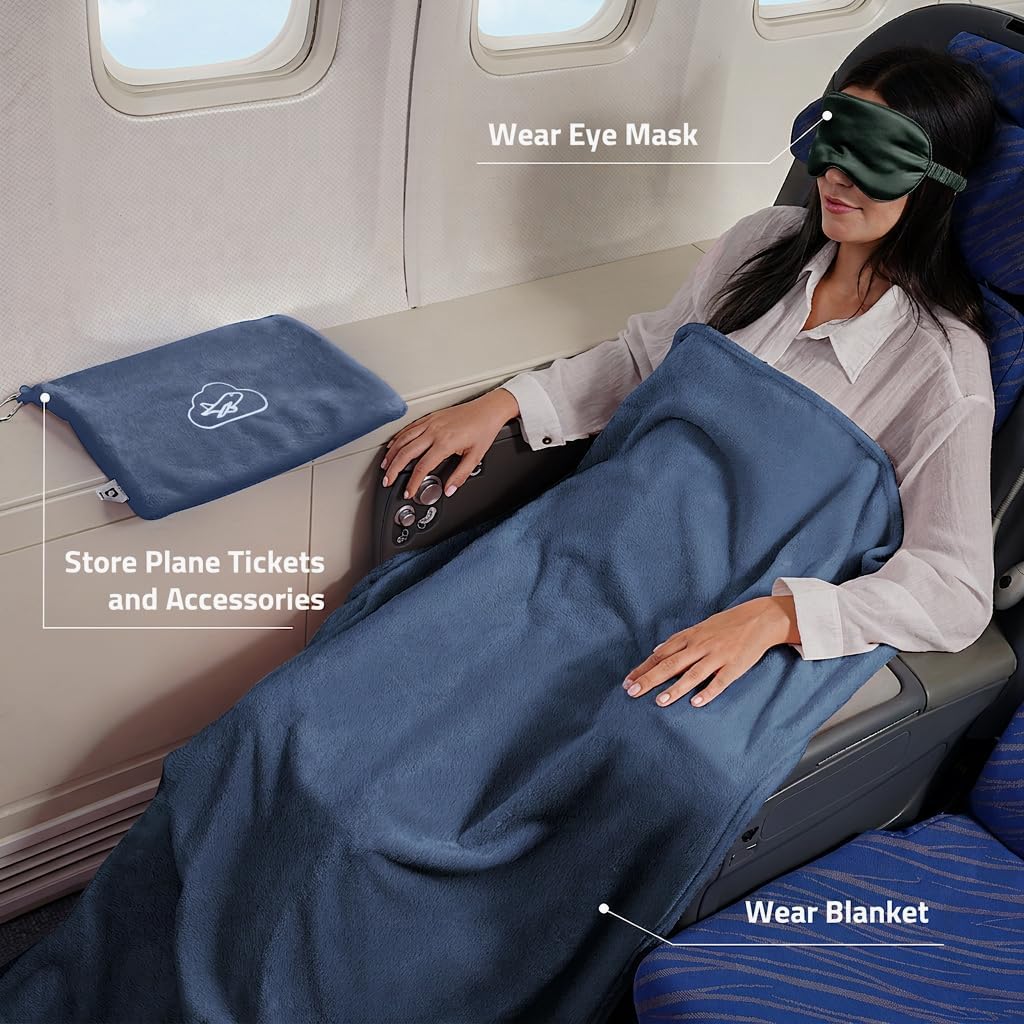 Travel Blanket Pillow,Airplane Blanket Compact with Bag Eye Mask, Ultra-Soft,Warm & Lightweight Included,Travel Essentials for Women & Men, Luggage Sleeve & Backpack Clip 65x40 in, Grey