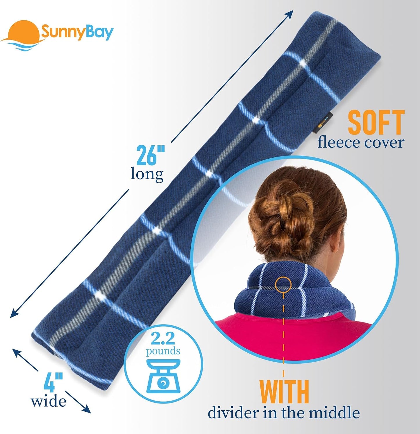 SunnyBay Microwavable Heating Pad for Neck and Shoulder, Heated Neck Wrap, Microwave Heat Pad, Weighted Beanbag Moist Hot or Cold Compress, 2.2 lbs, 26x4 Inches, Navy Blue
