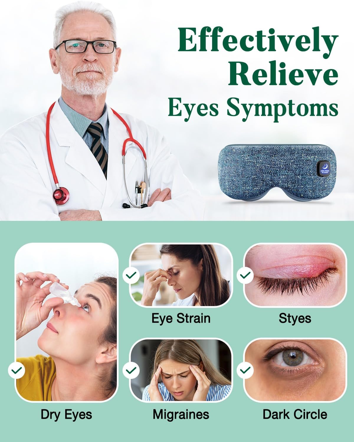 YoanYouth Heated Eye Mask for Dry Eyes, FSA Eligible HSA, Cordless Warm Compress for Eyes, Light Blocking Eye Heating Pad, Styes, Sleep, Cover Washable, Rechargeable, Light Blue