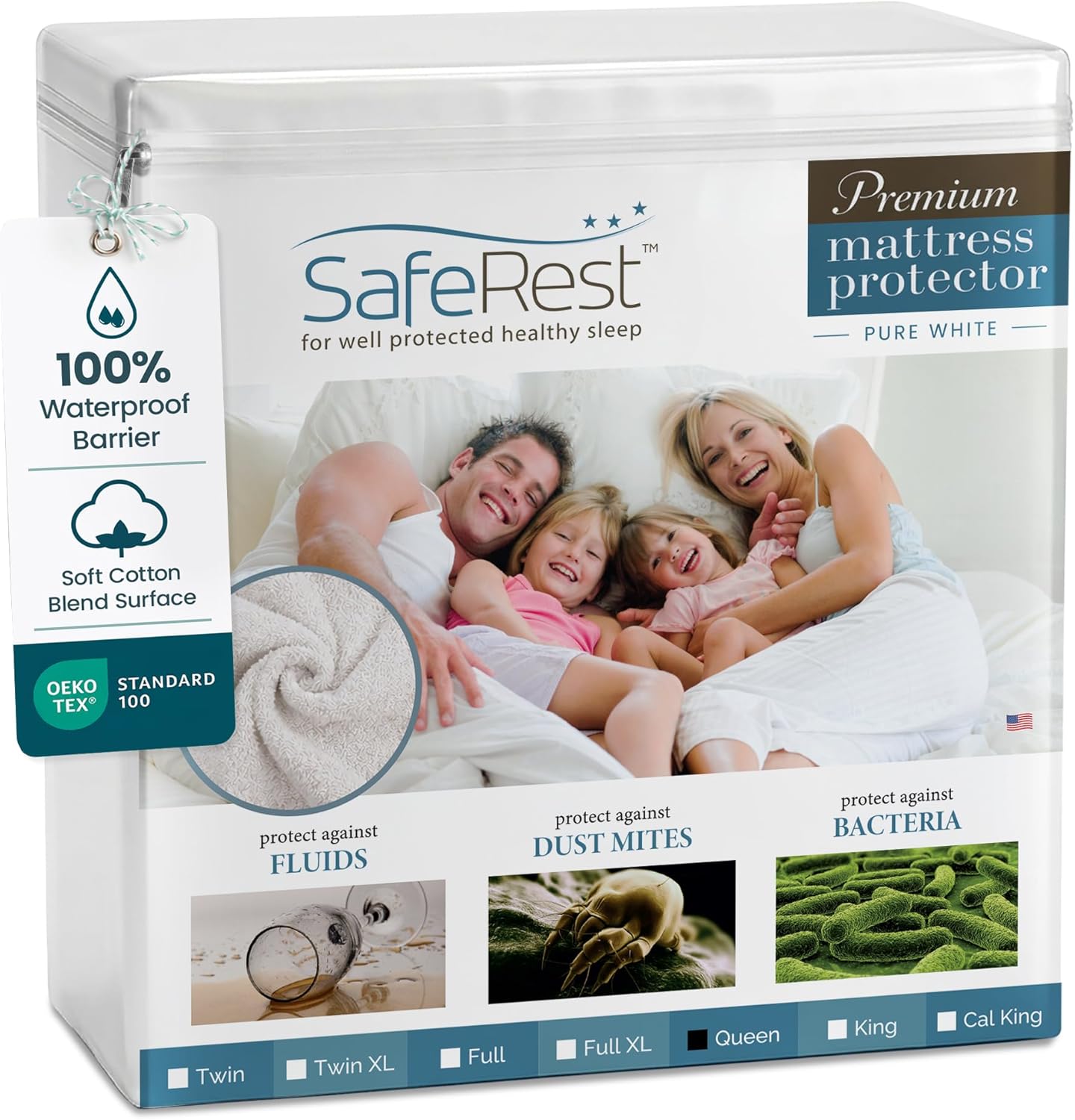 SafeRest Waterproof Queen Size Mattress Protector - Viscose Derived from Bamboo - Fitted with Stretchable Pockets - Machine Washable Viscose Blend Mattress Cover for Bed