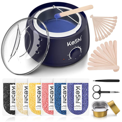 KeShi Waxing Kit, Painless Hair Removal Wax Warmer with 6 Bags Hard Wax Beans for Full Body, Legs, Face, Eyebrows & Bikini— Ideal for Both Women & Men