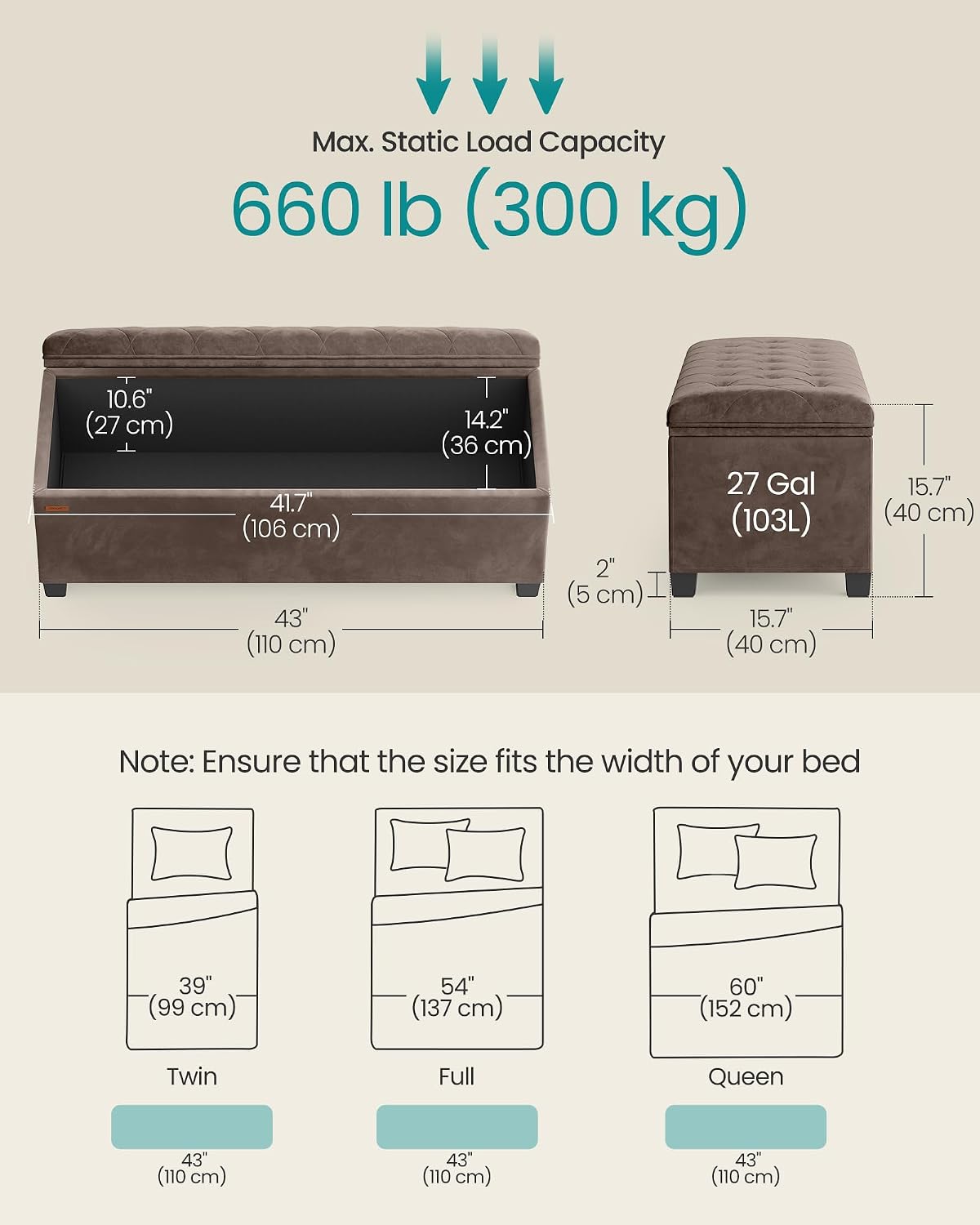 SONGMICS Storage Ottoman Bench, Foot Rest with Legs, 15.7 x 43.3 x 15.7 Inches, End of Bed Bench, Storage Chest, Load up to 660 lb, for Living Room, Bedroom, Entryway, Dark Gray ULSF088G01