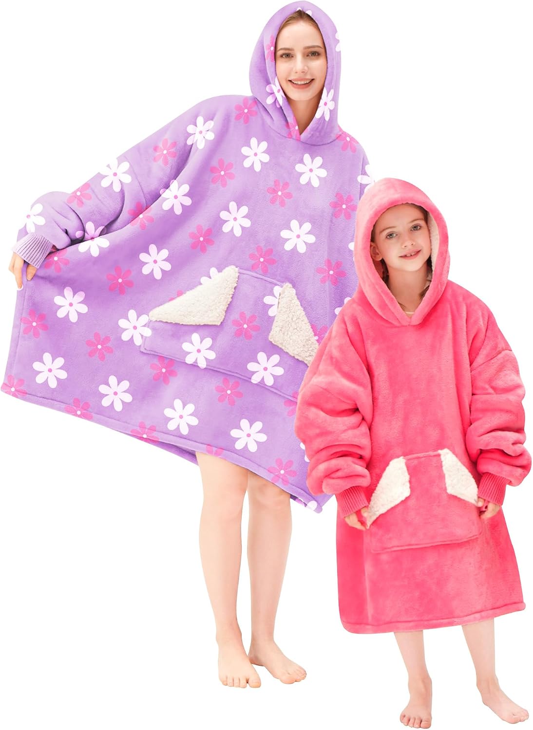 Touchat Wearable Blanket Hoodie, Oversized Sherpa Blanket Sweatshirt with Hood Pocket and Sleeves, Super Soft Warm Plush Hooded Blanket for Adult Women Men, One Size Fits All (Pink)