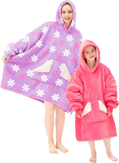 Touchat Wearable Blanket Hoodie, Oversized Sherpa Blanket Sweatshirt with Hood Pocket and Sleeves, Super Soft Warm Plush Hooded Blanket for Adult Women Men, One Size Fits All (Pink)