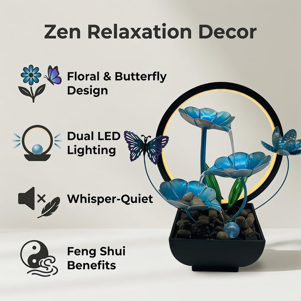 Tabletop Fountain,Indoor Water Fountain,Home Fengshui Décor Zen Relaxation Soothing Sound Machine for Office,Living Room,or Bedroom,Green Lotus,Hummingbird & Pink Flower,9.1inch