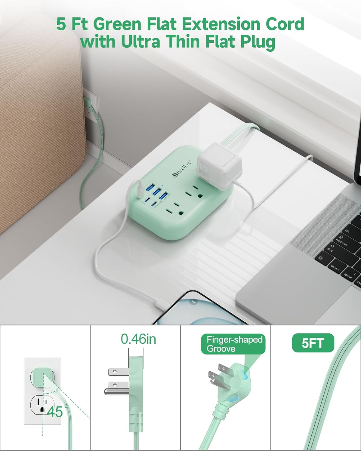 6 USB(3 USB C) Power Strip- Travel Power Strip with 6 USB Desktop Charging Station 24W/4.8A and 3 Outlets, 5Ft Flat Plug Braided Extension Cord, Non Surge Protector for Cruise Ship Travel Office Dorm