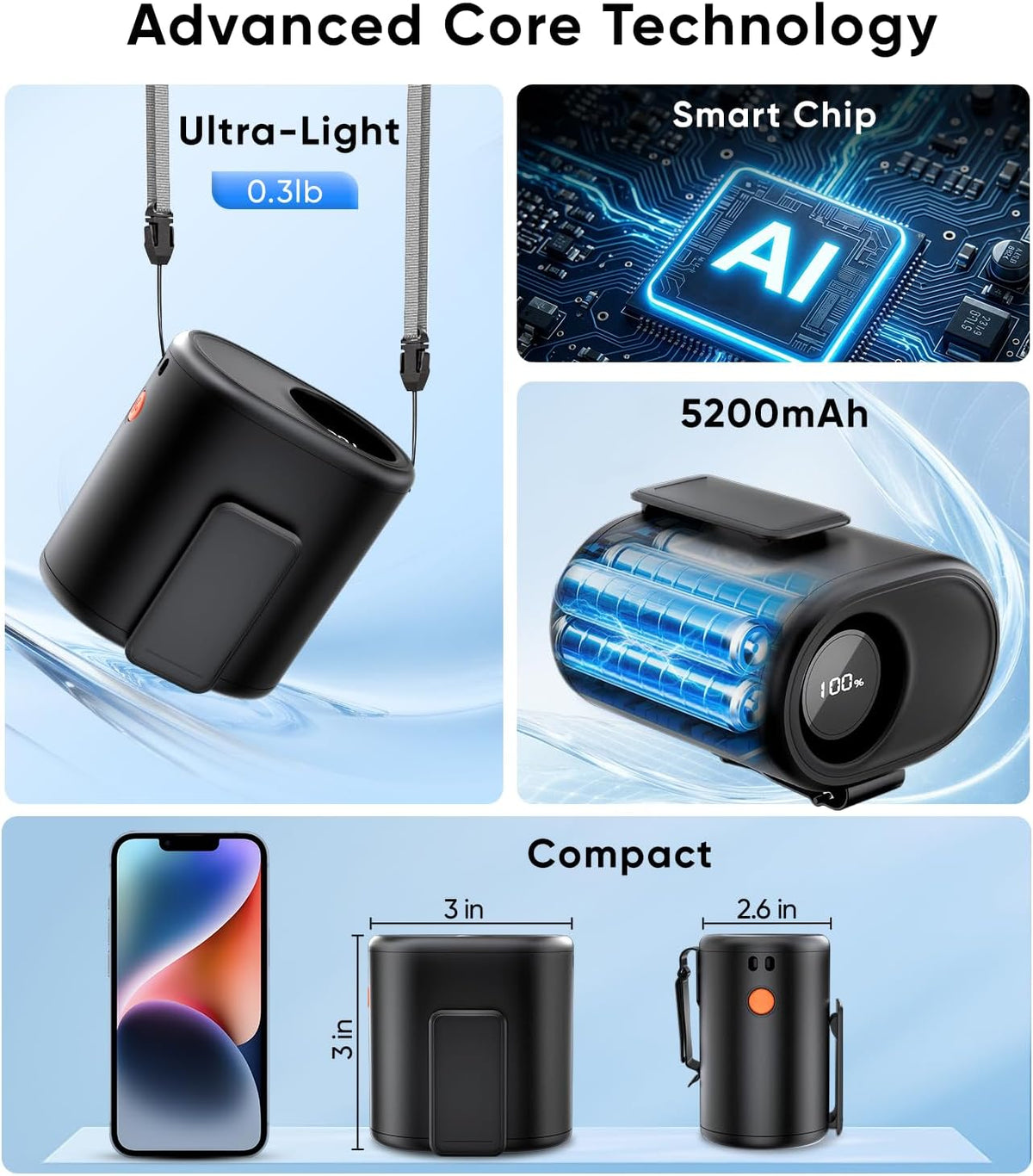 AI Portable Waist Fan, 15,000RPM, 30H Cooling Hands-Free Personal Fan