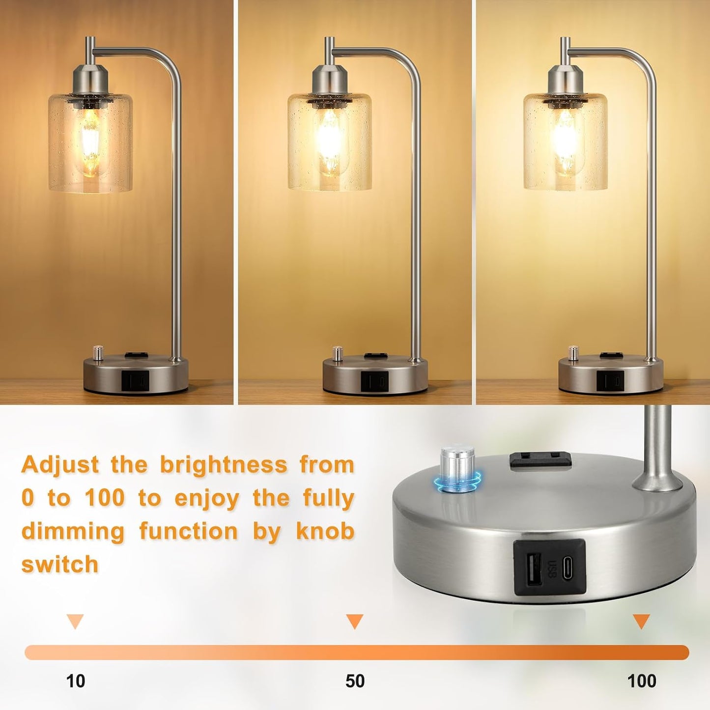 Industrial Table Lamps for Bedrooms Set of 2 - Fully Dimmable Bedside Lamps with USB A and C Ports and Outlet, Black Nightstand Lamps with Glass Shade for Living Room, Desk Lamps for Office Reading