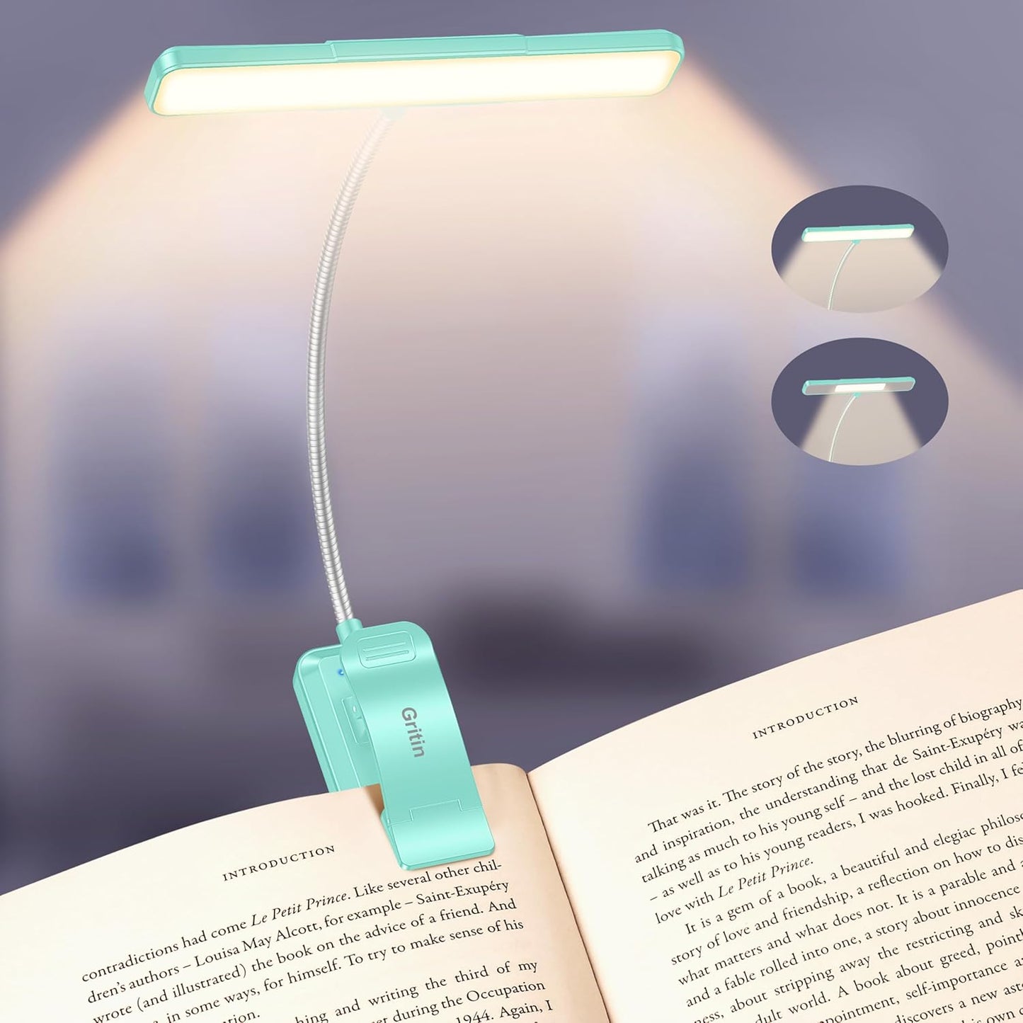 Gritin 2026 Gen 2 Book Light for Reading- 32 Eye Caring Full Spectrum LED | 5 Colors & 5 Brightness, Adjustable Wide/Narrow Beam, Upgrade 1500mAh Long-Lasting Rechargeable Clip on Light for Book Lovers
