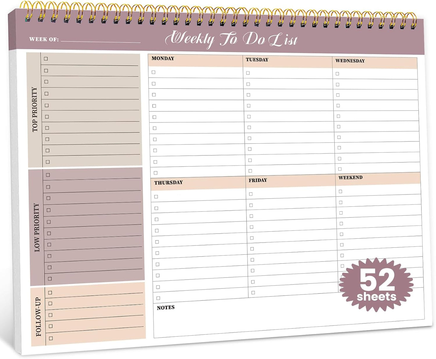 Weekly To Do List Notepad with 52 Undated Sheets（8.5"×11"）- Undated Weekly Planner Notepad for Office Desk Accessories and Supplies - Sunshine Petal