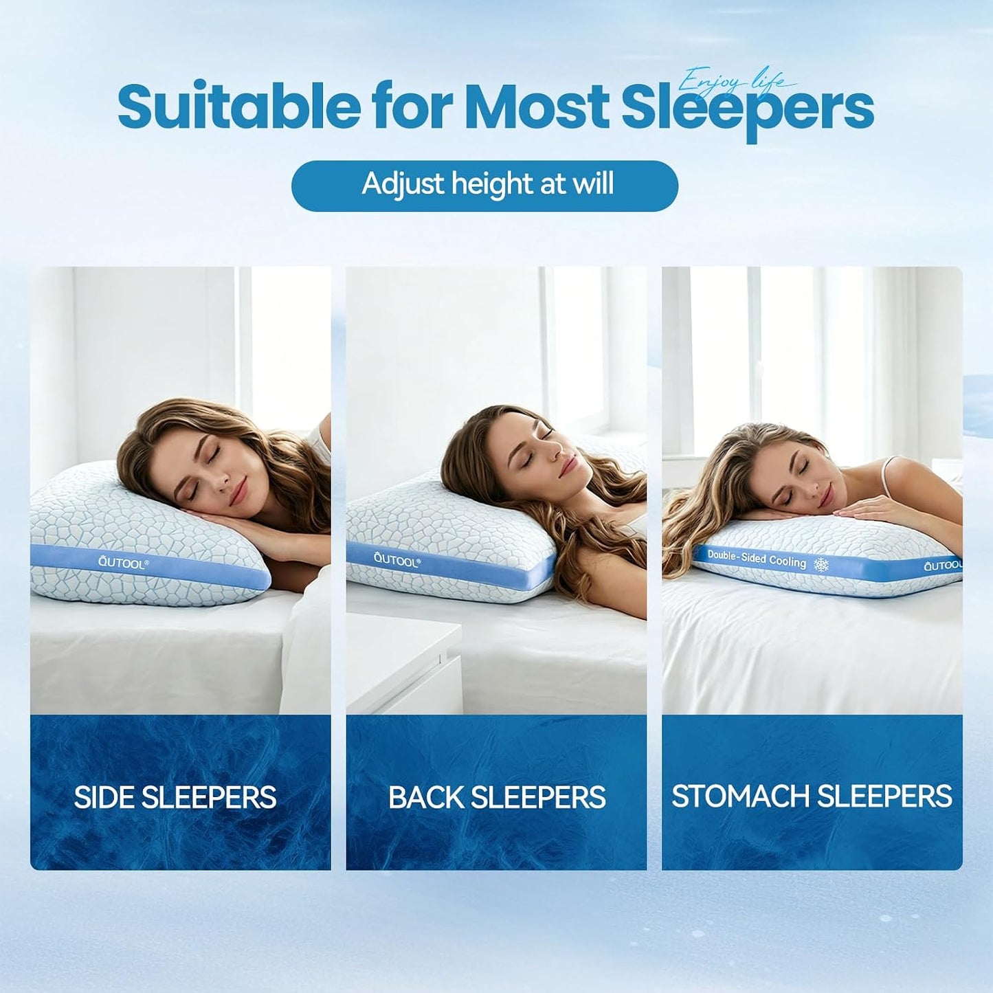 QUTOOL Double Sided Cooling Pillow for Hot Sleepers, Shredded Memory Foam Pillows Queen Size Set of 2, Adjustable Soft & Firm Gel Bed Pillow for Side, Back, Stomach Sleepers