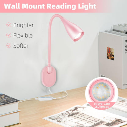 LiFMIRA Wall-Mounted LED Bedside Reading Light with USB Charging Port, 10-Level Dimmable & Adjustable 5 Color, Plug-in Adhesive Night Lamp for Books in Bed, Eye-Caring Bedroom Lighting (Black)